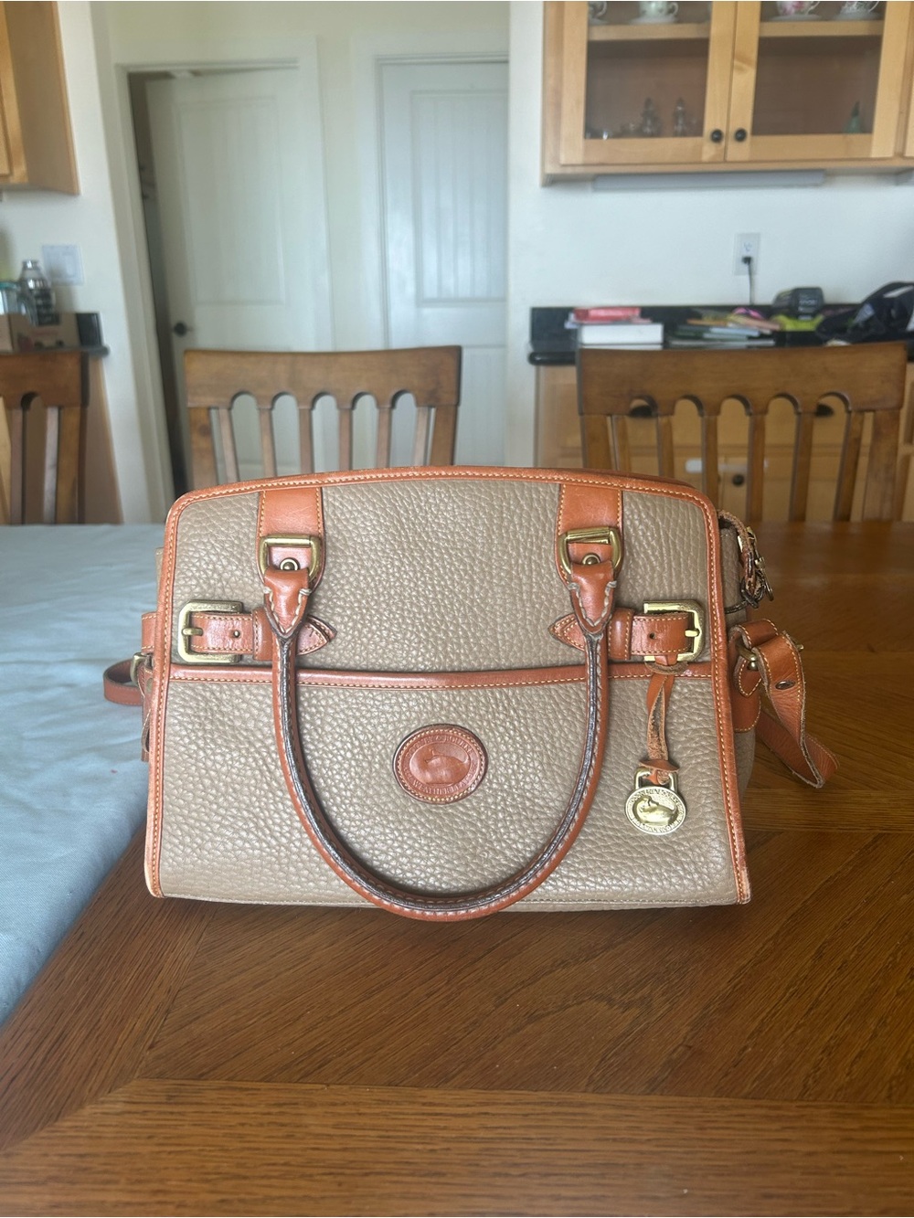 Dooney & Bourke Brown Leather Satchel Handbag with Tan Trim